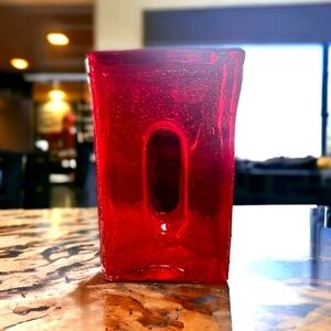 10"H VTG RED Hand Blown Abstract Hole Glass Vase - Air Bubbles - Rare Piece